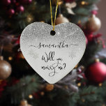 Will you Marry Me Surprise Proposal Silver Glitter Ceramic Ornament<br><div class="desc">This design may be personalised in the area provided by changing the photo and/or text. Or it can be customised by choosing the click to customise further option and delete or change the colour of the background, add text, change the text colour or style, or delete the text for an...</div>