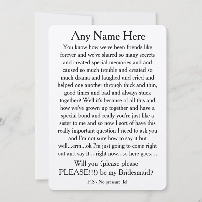 Will you please be my bridesmaid? Custom text card (Front)