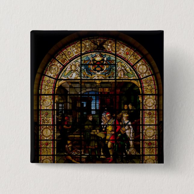 William Caxton Showing his First Printed Book 15 Cm Square Badge (Front)