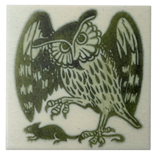William De Morgan 1800s Repro Green Owl & Rat Ceramic Tile (Front)