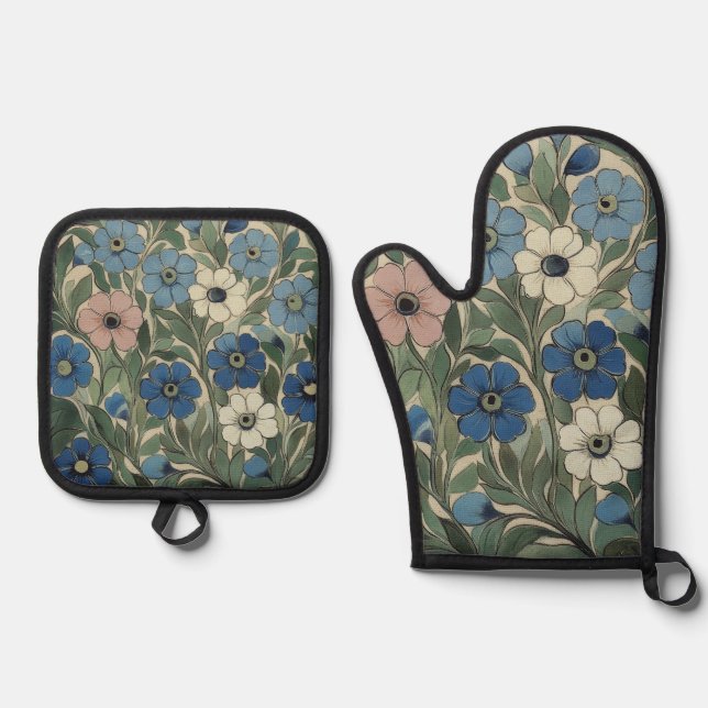 William De Morgan Flowers Oven Mitt & Pot Holder Set (Front)