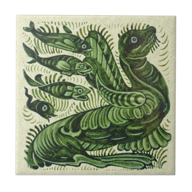 WIlliam De Morgan Green Sea Lion Fish Ceramic Tile (Front)