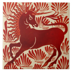William De Morgan Repro Red Unicorn Ceramic Tile