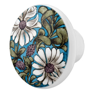 William * De Morgan Sprig of Flowers White Teal Ceramic Knob