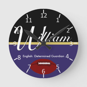 William Football Purple Black and Gold Round Clock