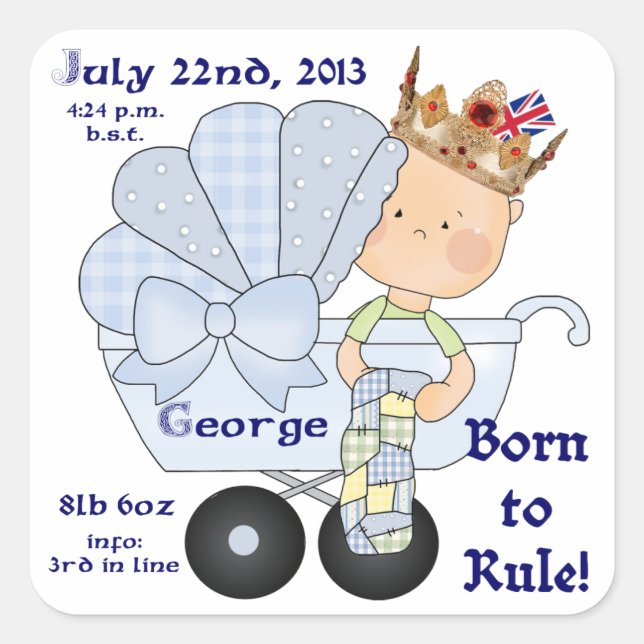 William & Kate's Little Prince George/Birth Info Square Sticker (Front)