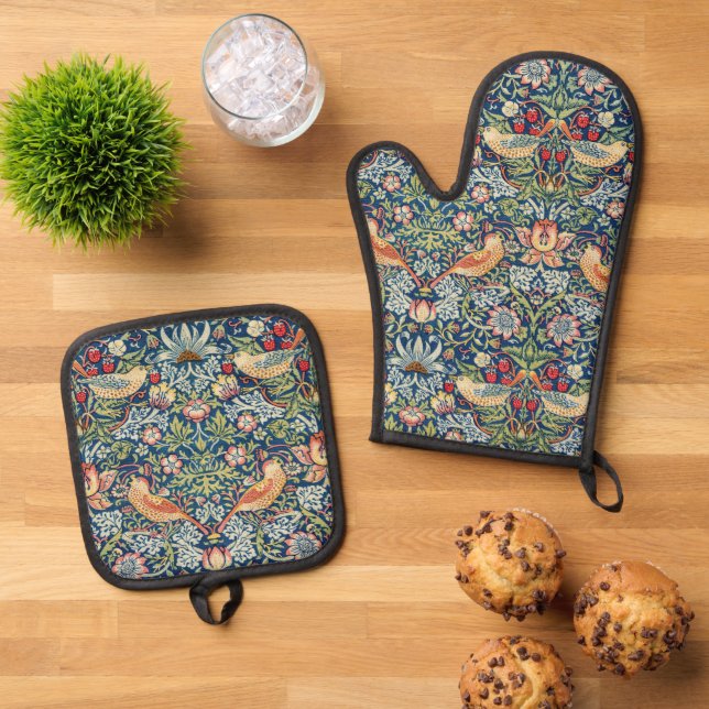 William Moris Strawberry Thief Birds Oven Mitt & Pot Holder Set (Top Down)