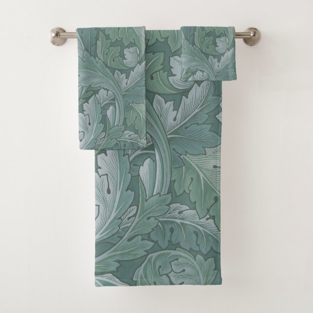 William Morris Acanthus Leaf Teal Blue Pattern Bath Towel Set (Insitu)