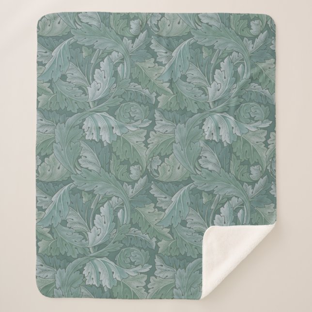 William Morris Acanthus Leaf Teal Blue Pattern Sherpa Blanket (Front)