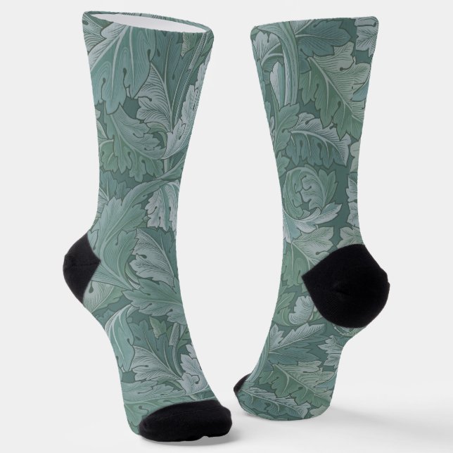 William Morris Acanthus Leaf Teal Blue Pattern Socks (Angled)