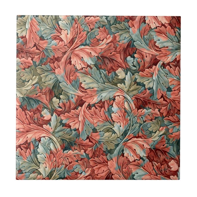 William Morris Acanthus Rust Red Sage Green Ceramic Tile (Front)