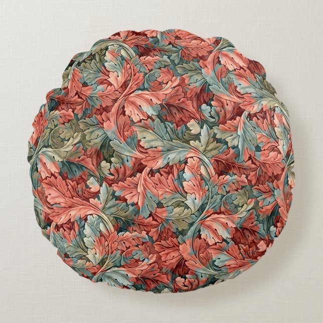 William Morris Acanthus Rust Red Sage Green Round Cushion (Front)
