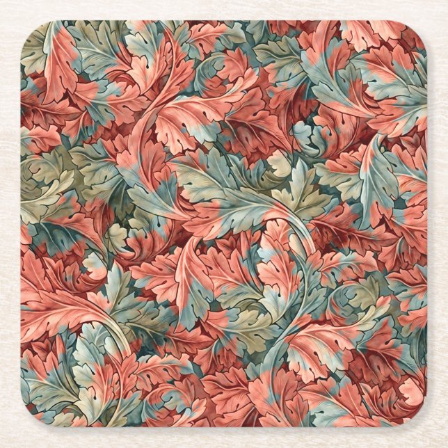 William Morris Acanthus Rust Red Sage Green Square Paper Coaster (Front)