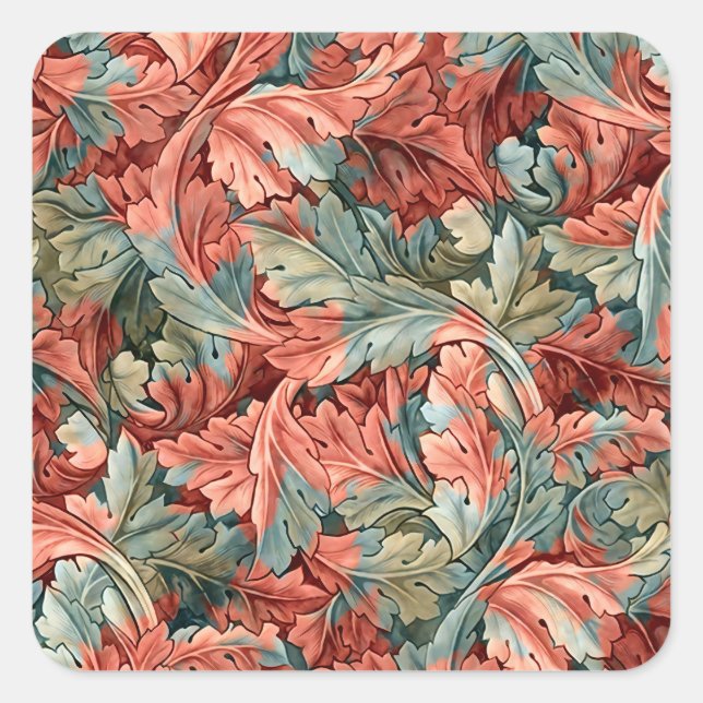William Morris Acanthus Rust Red Sage Green Square Sticker (Front)