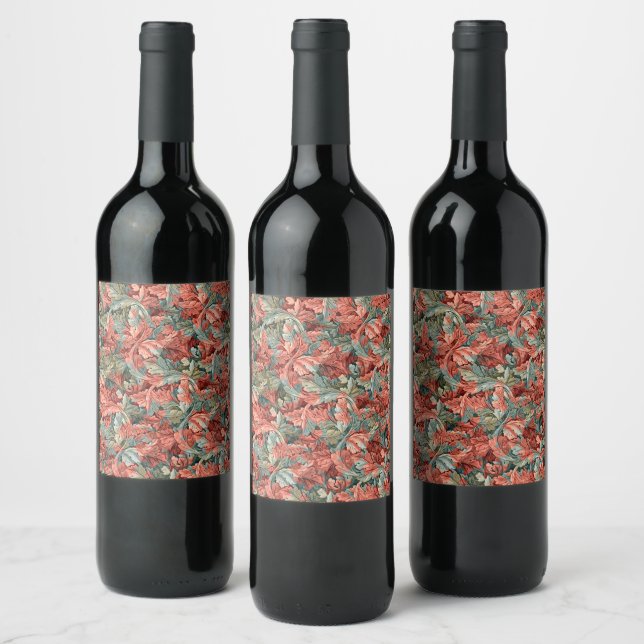 William Morris Acanthus Rust Red Sage Green Wine Label (Bottles)