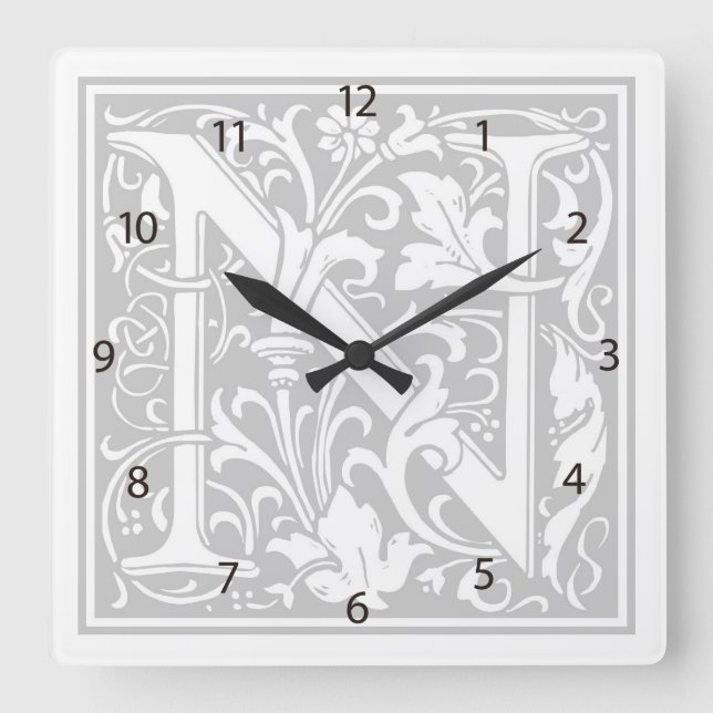 William Morris Alphabet “N” Square Wall Clock (Front)