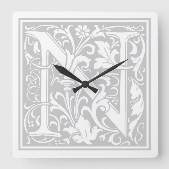 William Morris Alphabet “N” Square Wall Clock (Front)