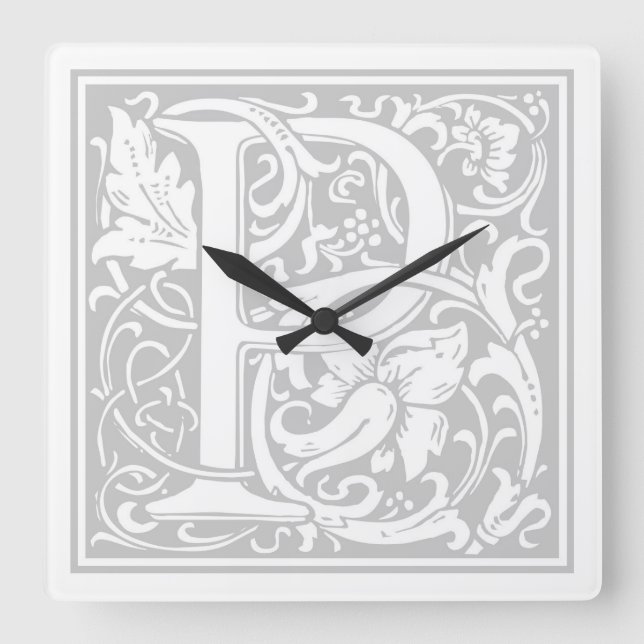William Morris Alphabet “P” Square Wall Clock (Front)