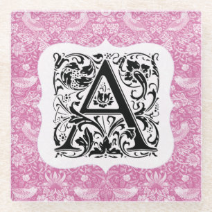 William Morris Alphabet Strawberry Thief Pink Glass Coaster