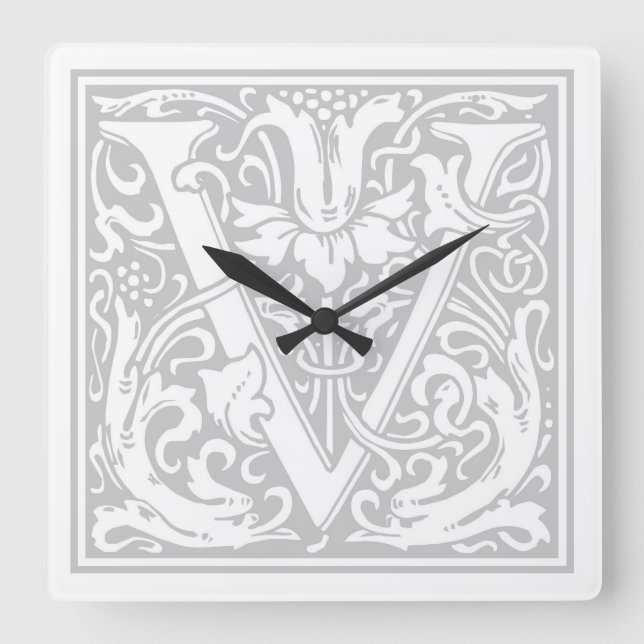 William Morris Alphabet “V” Square Wall Clock (Front)