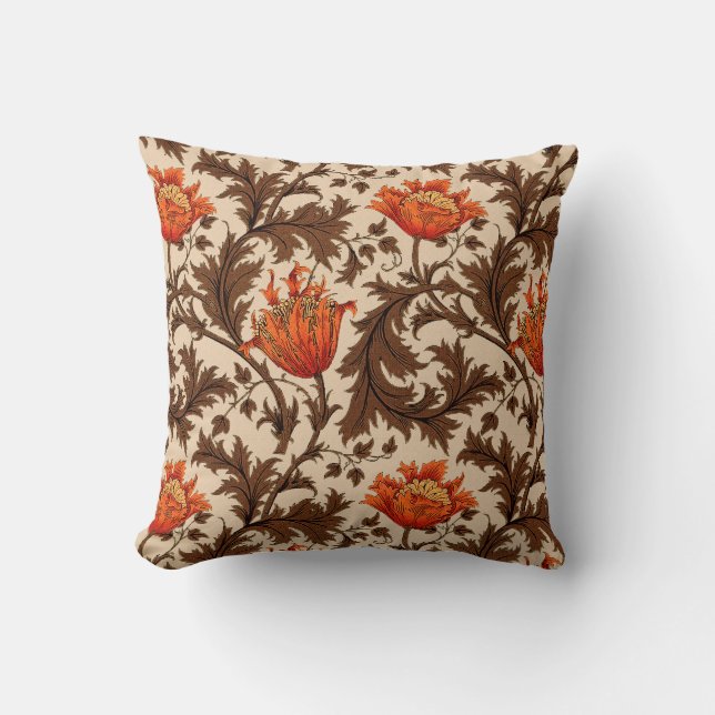 William Morris Anemone, Beige, Brown and Rust Cushion (Front)