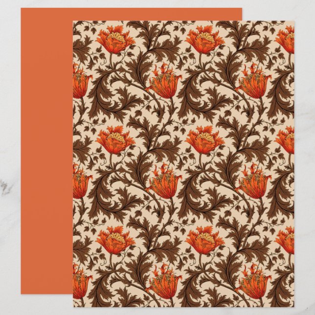 William Morris Anemone, Beige, Brown & Rust Orange (Front/Back)
