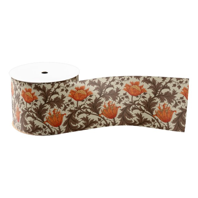 William Morris Anemone, Beige, Brown & Rust Orange Grosgrain Ribbon (Spool)