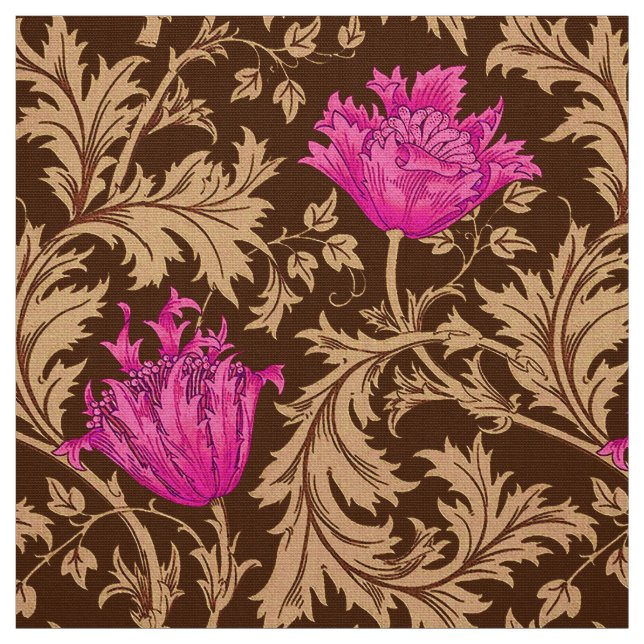 William Morris Anemone, Brown and Fuchsia Pink Fabric (Swatch)