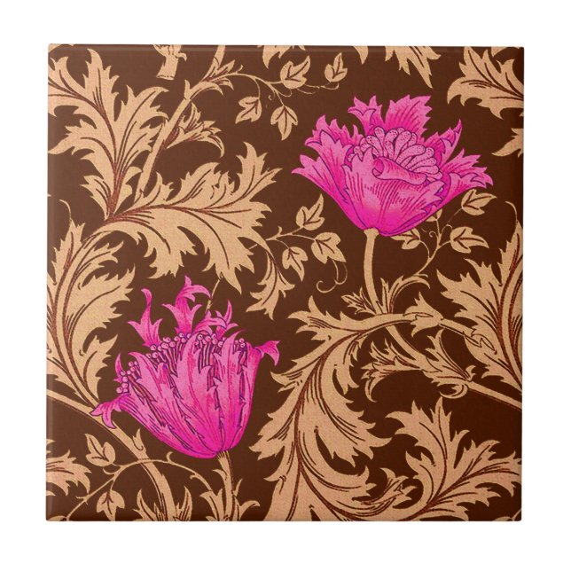 William Morris Anemone, Brown and Fuchsia Pink Tile (Front)