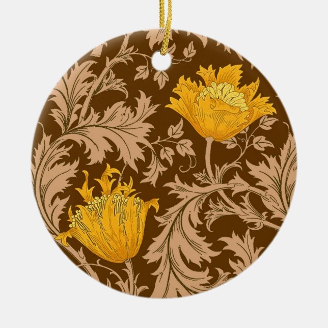 William Morris Anemone, Brown and Mustard Gold  Ceramic Ornament (Front)