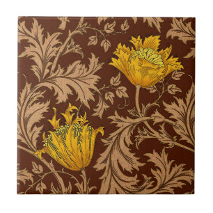 William Morris Anemone, Brown and Mustard Gold Ceramic Tile