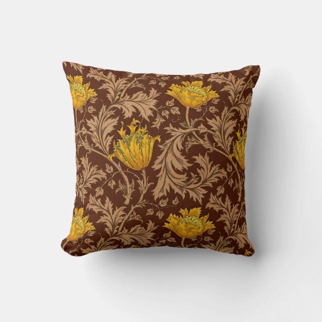 William Morris Anemone, Brown and Mustard Gold Cushion (Front)