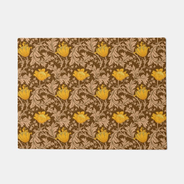 William Morris Anemone, Brown and Mustard Gold Doormat (Front)