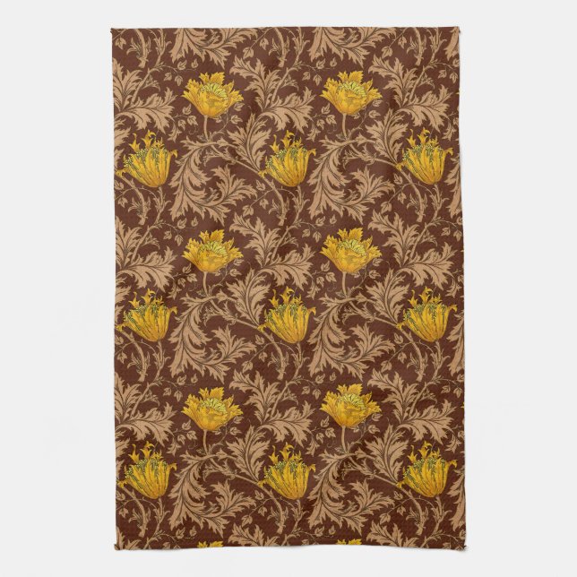 William Morris Anemone, Brown and Mustard Gold  Tea Towel (Vertical)