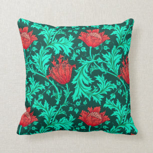 William Morris Anemone, Deep Red and Turquoise Cushion