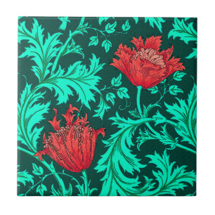 William Morris Anemone, Deep Red and Turquoise Tile