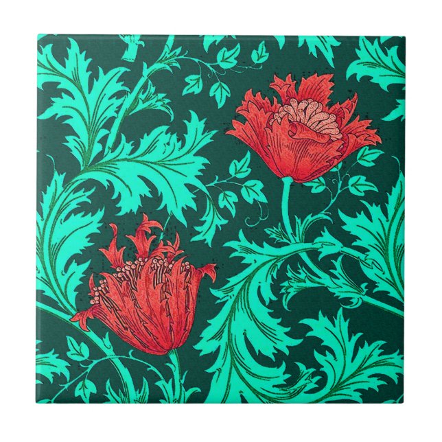 William Morris Anemone, Deep Red and Turquoise Tile (Front)