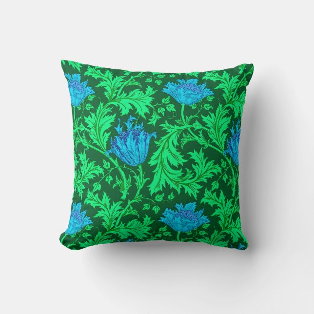 William Morris Anemone, Emerald Green and Blue Cushion (Front)