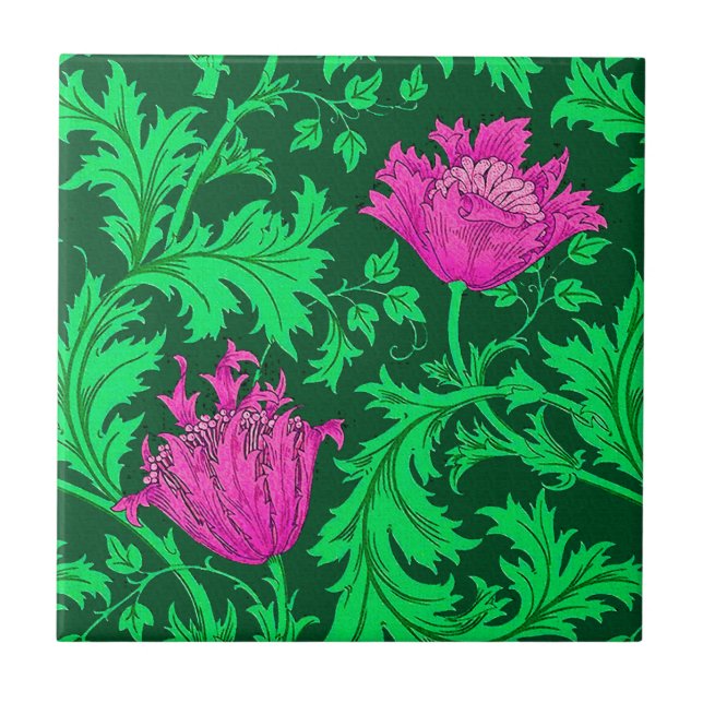 William Morris Anemone, Emerald Green and Fuchsia Ceramic Tile (Front)