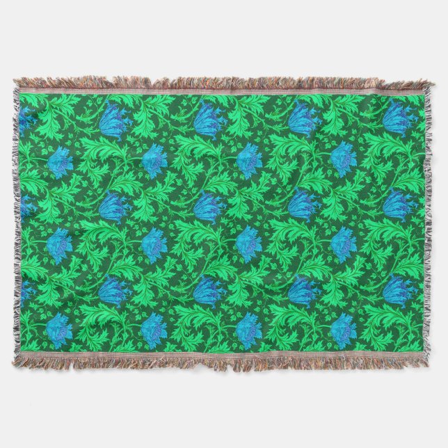 William Morris Anemone, Emerald Green & Turquoise Throw Blanket (Front)