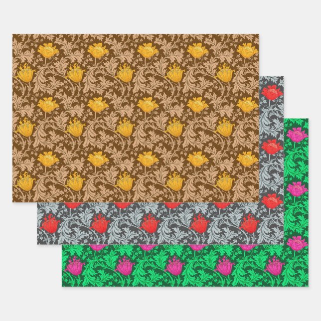 William Morris Anemone, Gold, Red & Green   Wrapping Paper Sheet (Set)