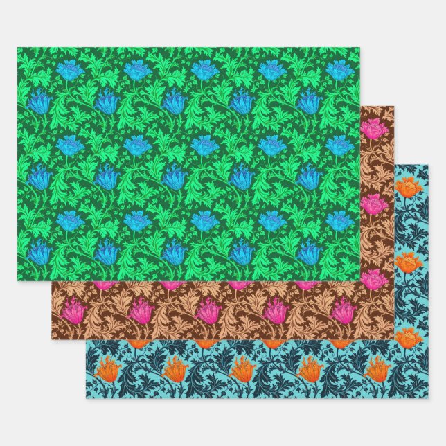 William Morris Anemone, Green, Brown and Blue   Wrapping Paper Sheet (Set)