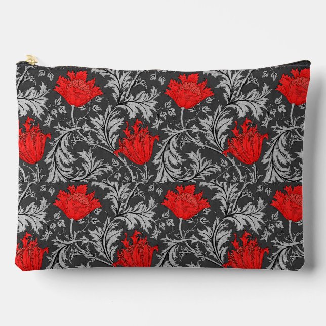 William Morris Anemone, Grey / Grey and Red  Accessory Pouch (Front)