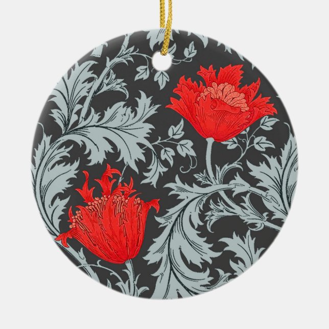 William Morris Anemone, Grey / Grey and Red   Ceramic Ornament (Front)