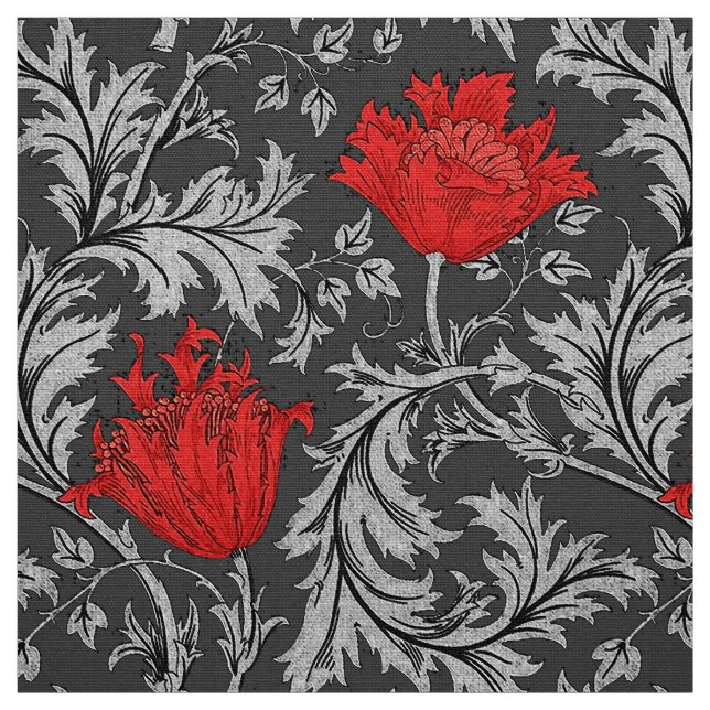 William Morris Anemone, Grey / Grey and Red Fabric (Swatch)