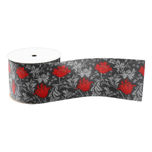 William Morris Anemone, Grey / Grey and Red Grosgrain Ribbon