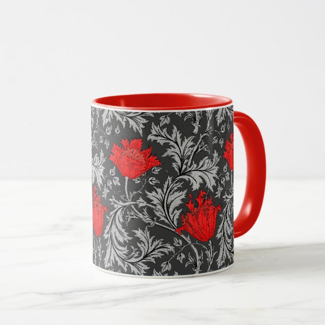 William Morris Anemone, Grey / Grey and Red   Mug (Front Right)