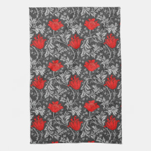 William Morris Anemone, Grey / Grey and Red   Tea Towel
