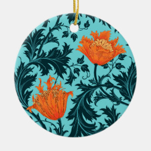 William Morris Anemone, Indigo Blue and Coral   Ceramic Ornament