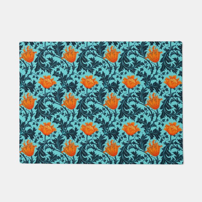 William Morris Anemone, Indigo Blue and Coral Doormat (Front)